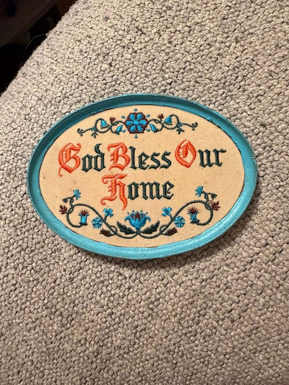 Vintage God Bless Our Home Embroidered Oval Wall Plaque Blue/Orange/tan